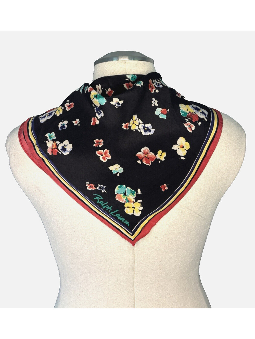 Vintage 90's Ralph Lauren Silk Scarf Dark Navy Floral Hand Rolled Signed 20" Sq